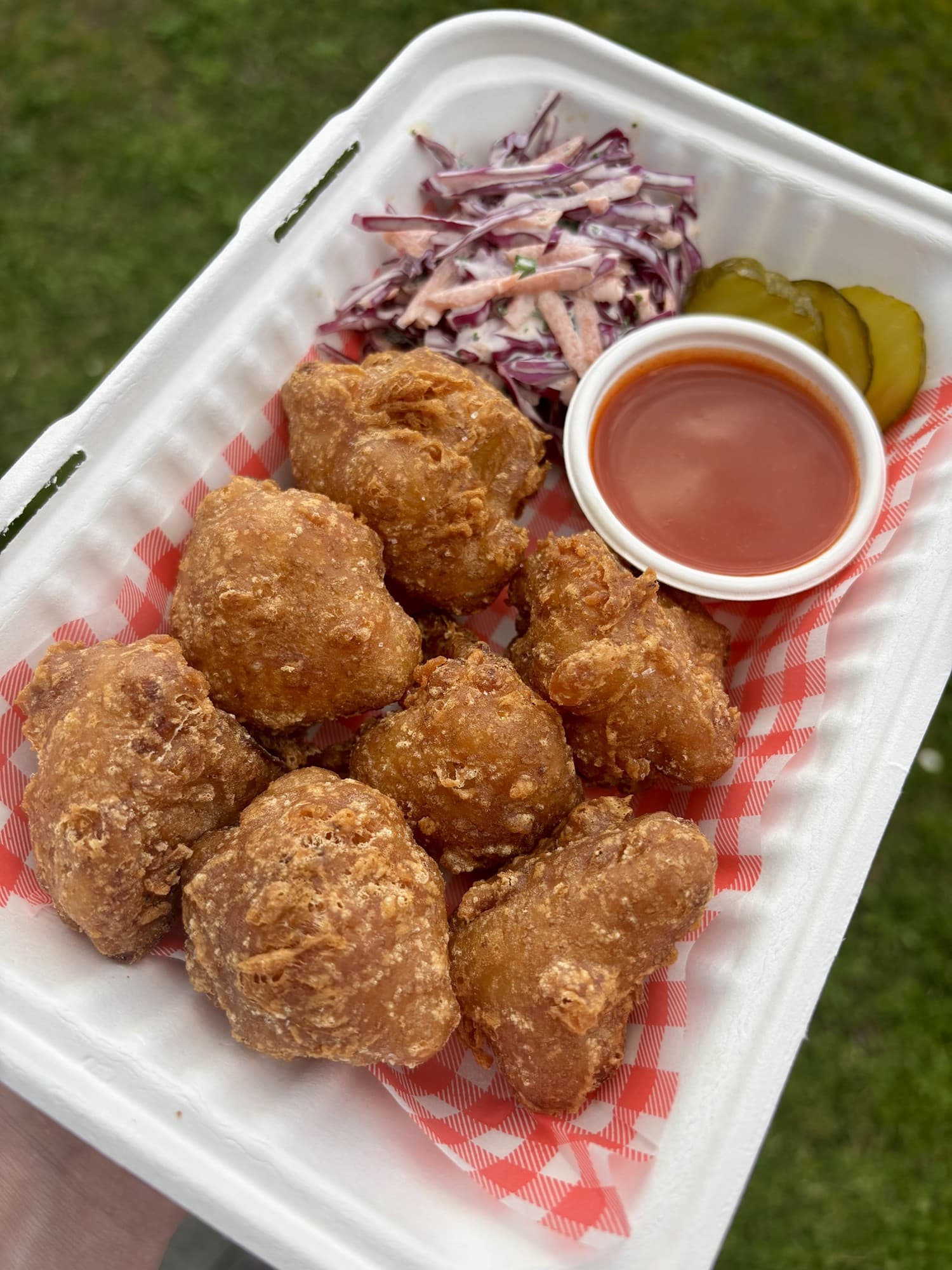 Burchie's crispy fried cauliflower with slaw, pickles, and dipping sauce
