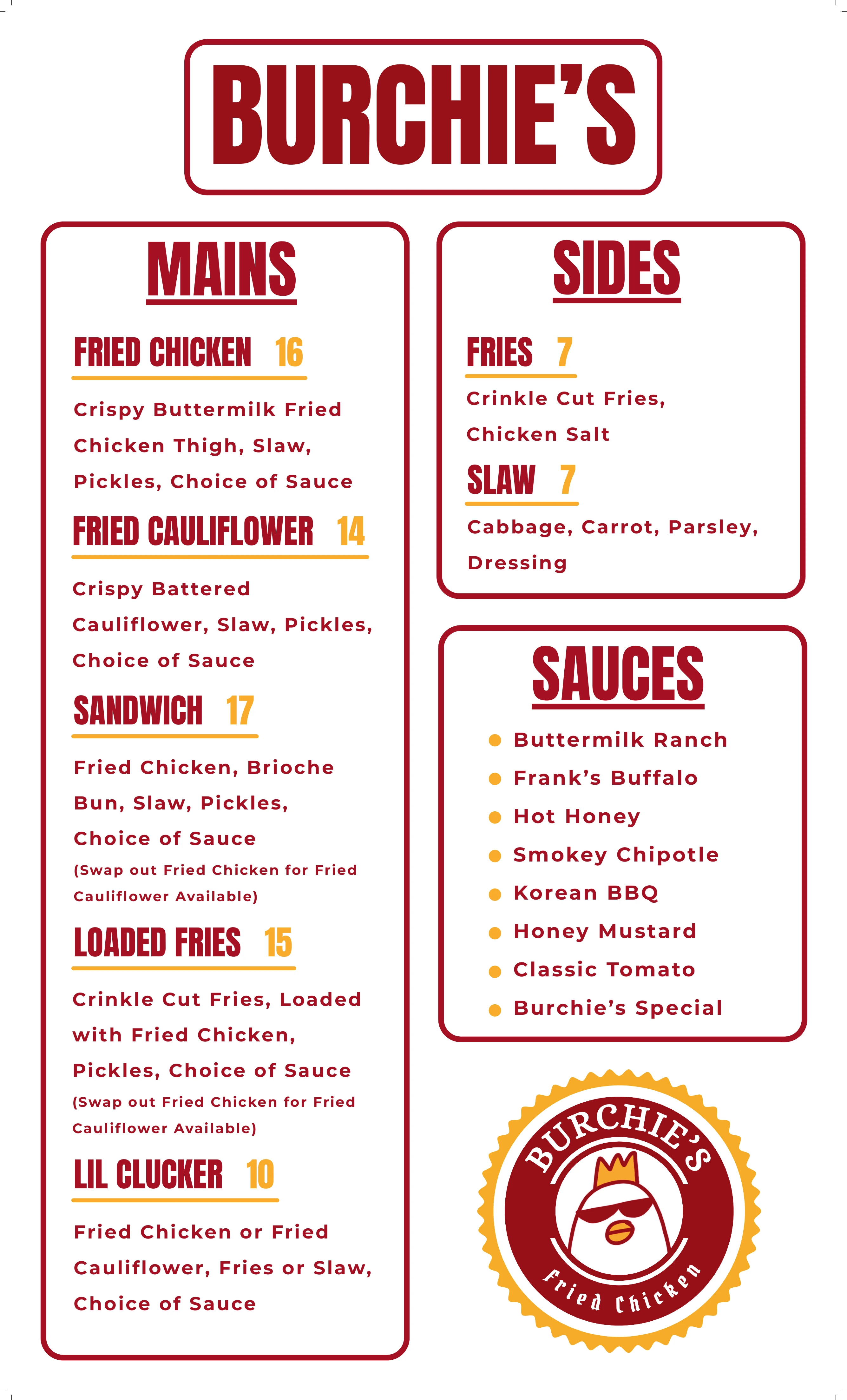 Burchie’s menu with mains, sides, and sauces